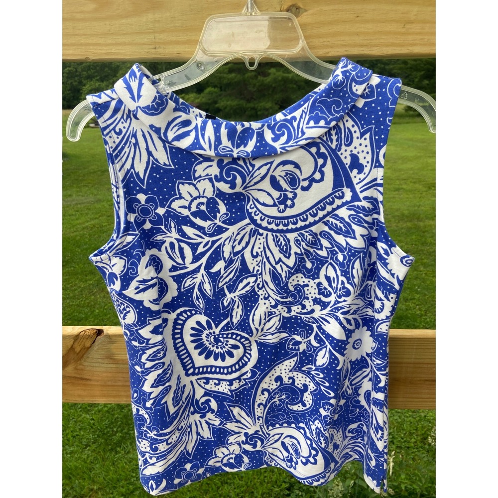 Talbots Petite Blue White Paisley Floral Sleeveless Boatneck Top Zip Back Mp
